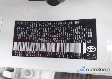 2014 Toyota Corolla Le из США, поврежденный, VIN 5YFBURHE7EP053907